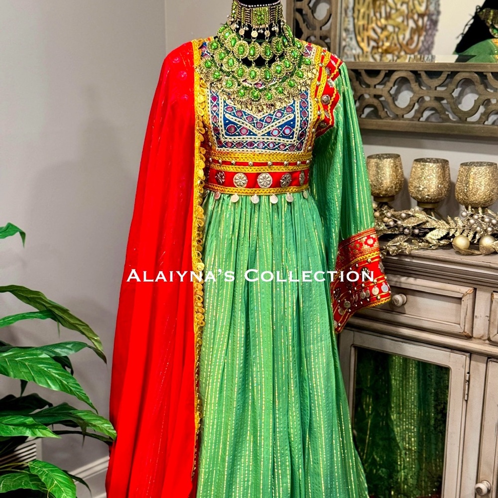 Green and Red Embellished Long Sleeve Dress